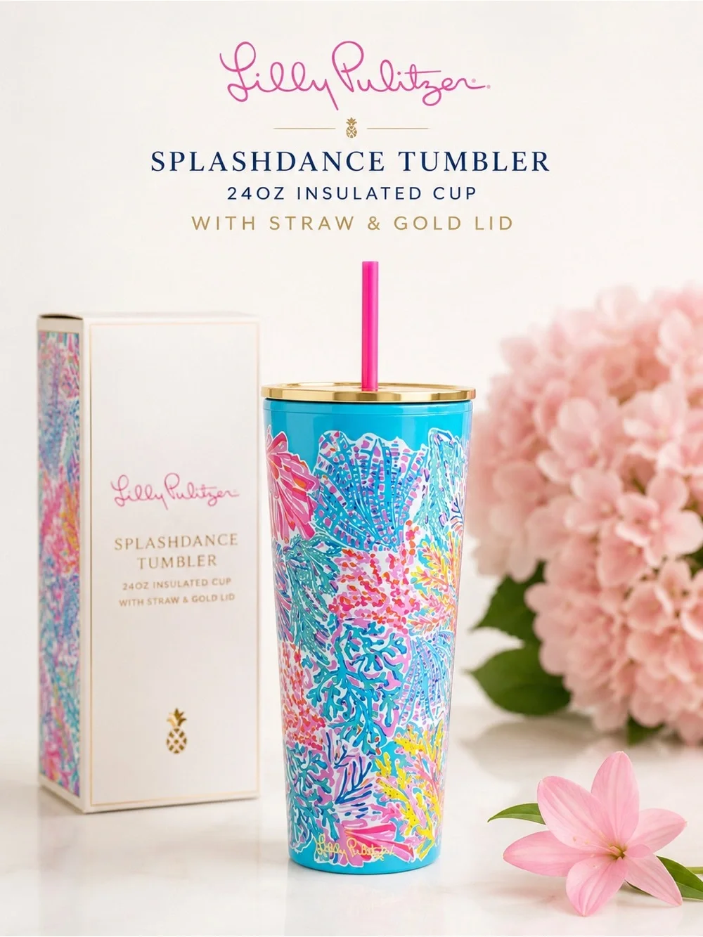 Lilly Pulitzer Splashdance 24oz Insulated Tumbler Cup Gold Lid Straw BNIB